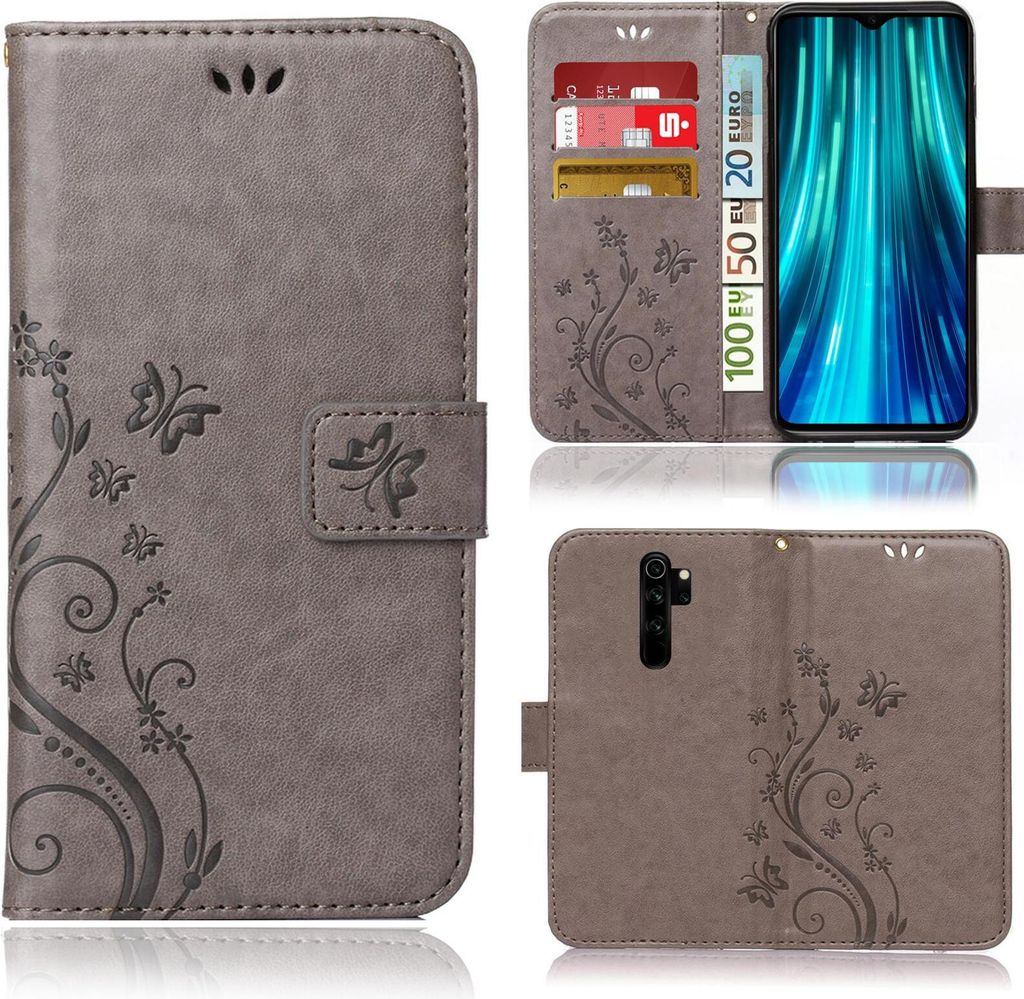 Handy Tasche für Xiaomi Redmi Note 8 Pro Schutz Hülle Handyhülle mit Blumenmuster Klapp Hülle mit Standfunktion und Kartenfächer Grau