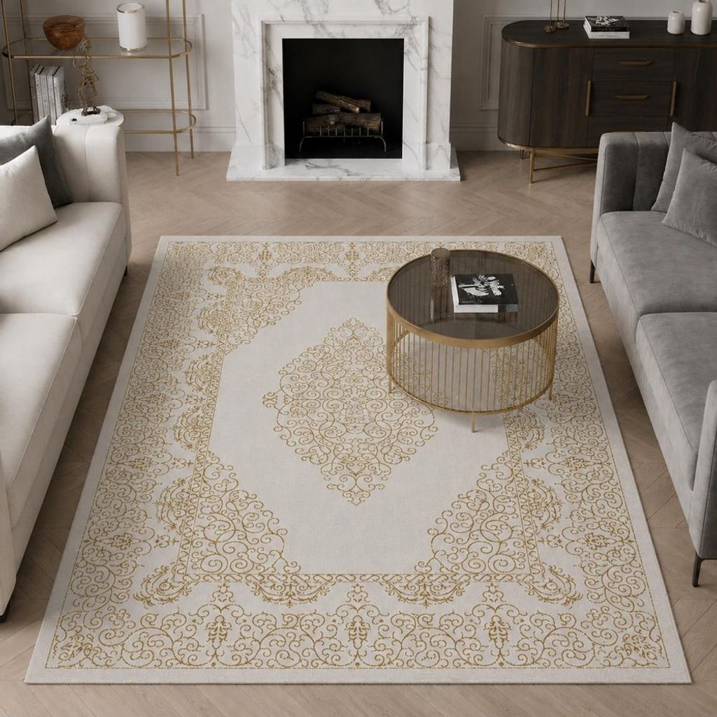 Teppich Creme Gold Ornament Stil modern Größe - 80 x 300 cm Produktbild 