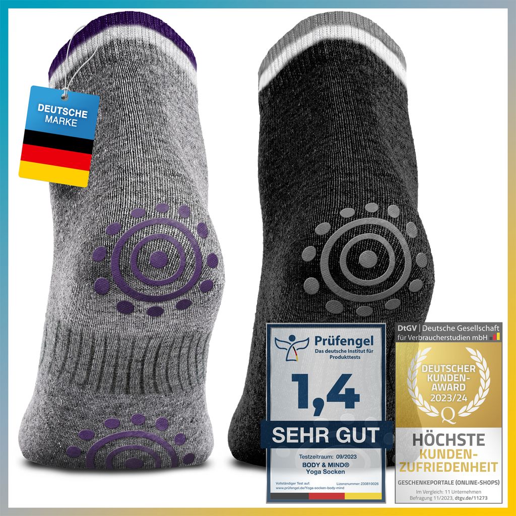 Body & Mind Yoga Socken Damen rutschfest: 2 Paar Stoppersocken für Pilates, Aerobic & Fitness Training, Baumwolle, Gr. 35-40, Grau & Schwarz