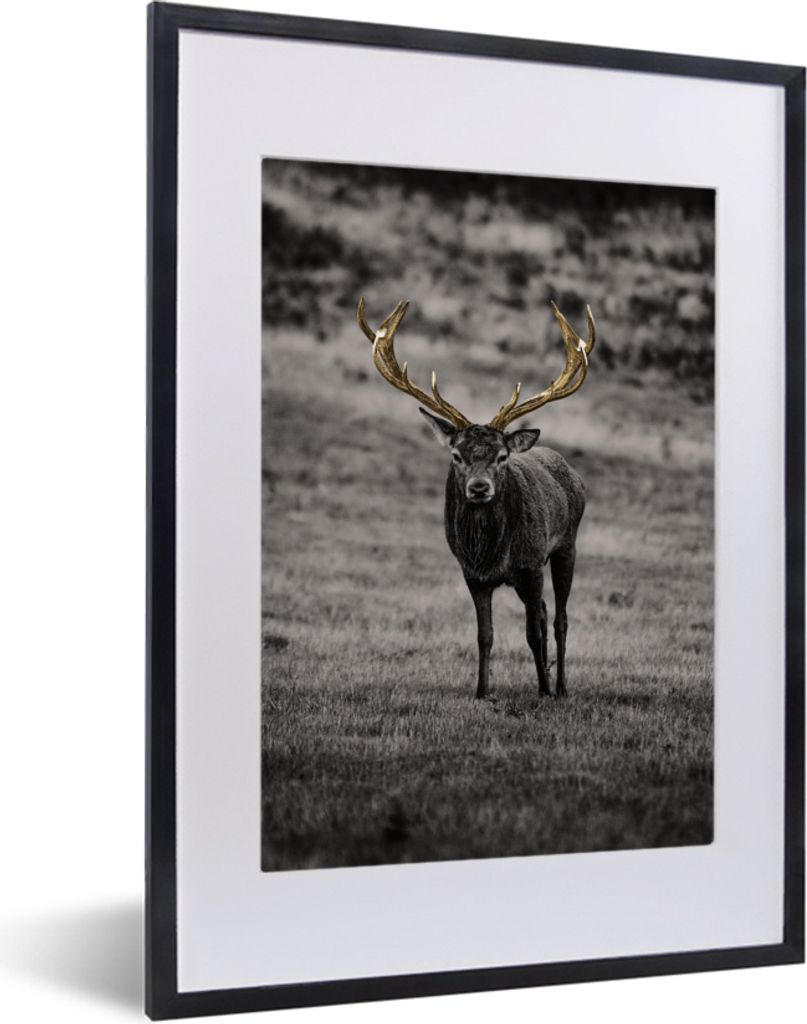 MuchoWow MuchoWow Gerahmtes Poster Hirsch - Gold - Geweih 30x40 cm - Poster mit zchwarzem Bilderrahmen - Wandposter Schlafzimmer