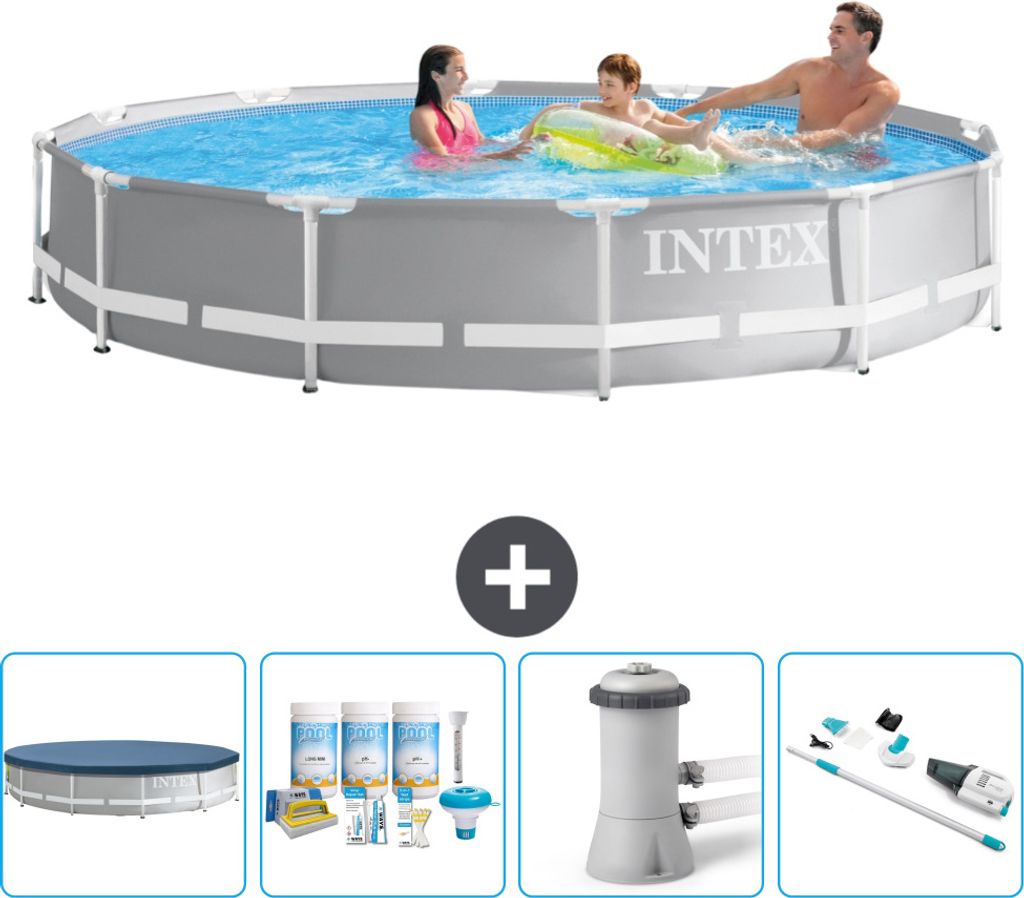 Intex Pool mit rundem Prismenrahmen – 366 x 76 cm – Grau – im Lieferumfang enthalten Abdeckung - Wartungspaket - Filterpumpe für Schwimmbad ...