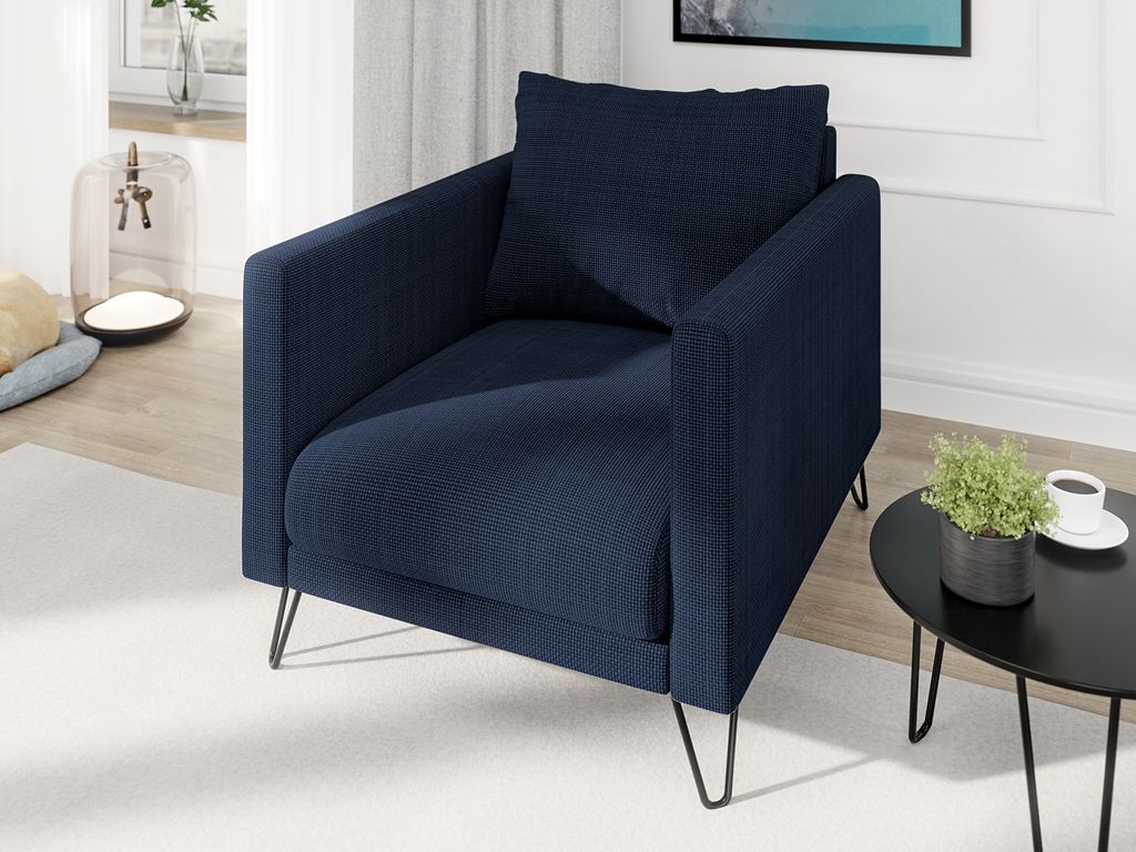 S-STYLE MÖBEL - Harmony - Moderner Sessel aus Marineblau Chenille-Stoff mit Hohen Schwarzen Metallfüßen, B/T/H: 80 cm/100 cm/85 cm