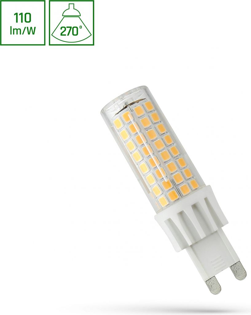 A close-up studio shot of an LED light bulb with a G9 base, set against a white background. Informational icons are visible in the top-left corner.