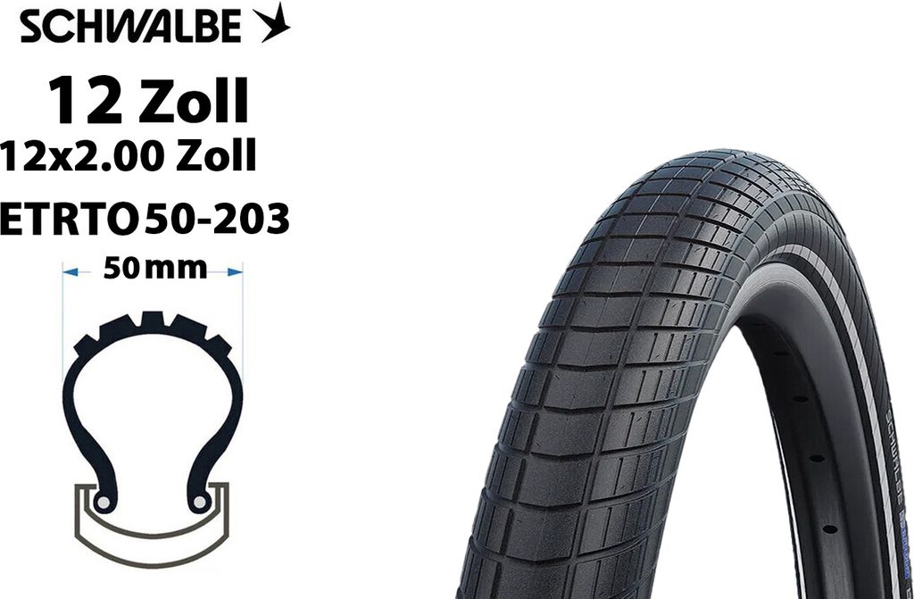 12 Zoll Fahrrad Reifen Schwalbe Big Apple 12x2.00 Active Line 50-203 K-Guard