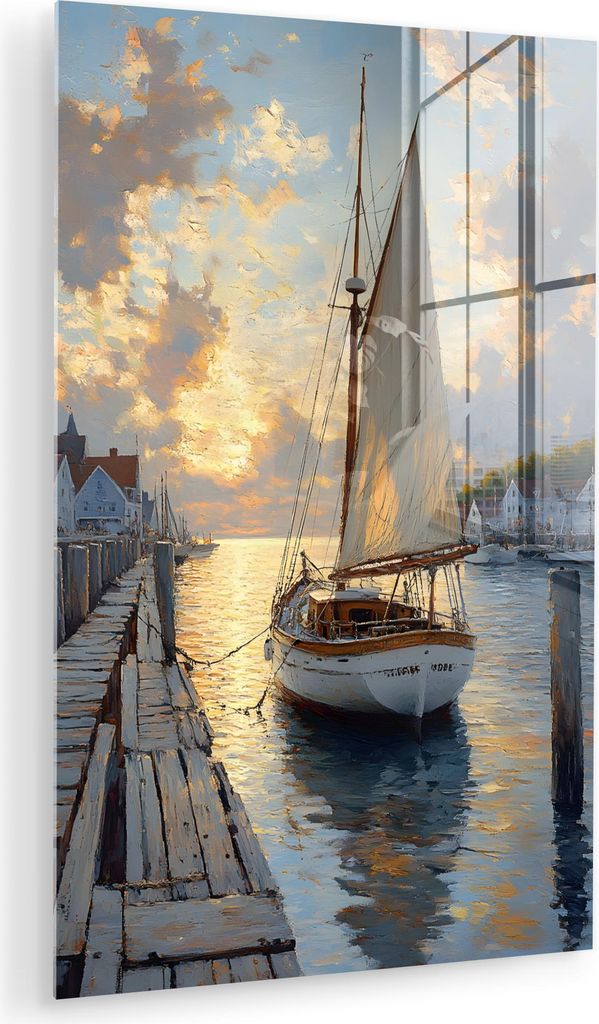 MuchoWow Glasbilder - Bilder auf Wandbild - Foto auf Glas Segelboot - Sonne - Pier - Holz 60x90 cm Wanddekoration aus Glas - Acrylglasbild - Acrylb...