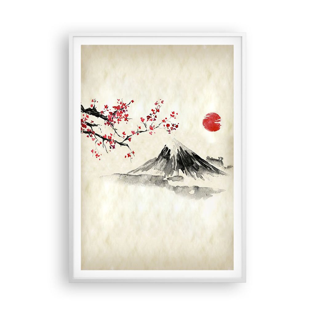 Gerahmtes Poster - Weißer Rahmen - Aquarell asiatisch Landschaft - 70x100 cm - Wand Bild - Wanddeko - Wandbilder - Kunstposter - Wandposter - Bild...