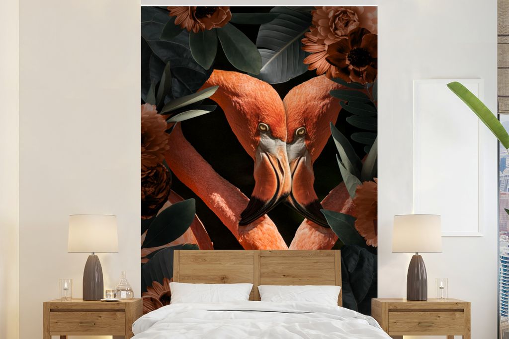 MuchoWow Fototapete für Wohnzimmer oder Schlafzimmer Wandtapete Vinyl Motivtapete Flamingo - Blätter - Blumen - 225x350 cm - Schlafzimmer tapete