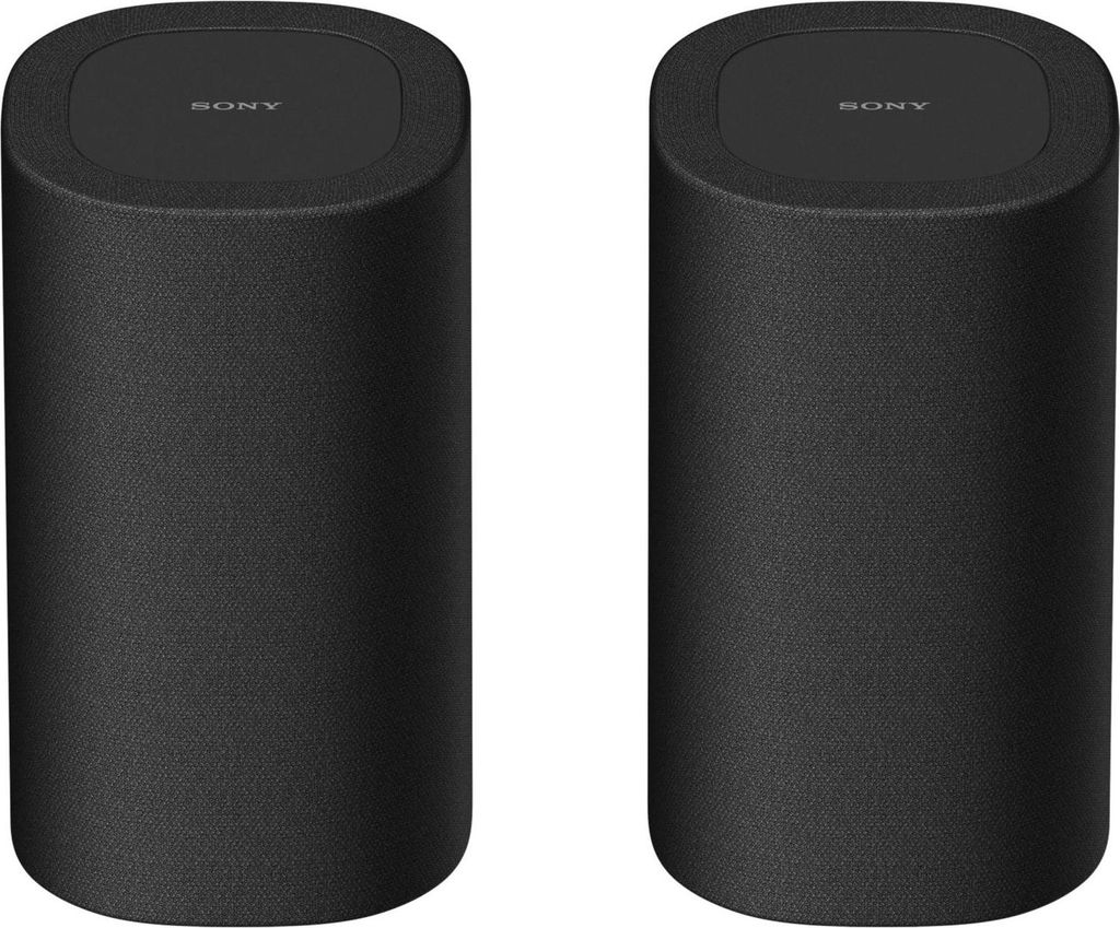 Two black cylindrical Sony speakers are shown side-by-side against a white background.