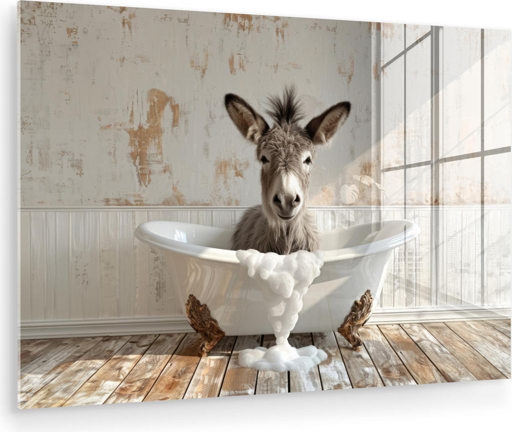 MuchoWow Glasbilder - Bilder auf Wandbild - Foto auf Glas Esel - Tiere - Badewanne - Schaumstoff 30x20 cm Wanddekoration aus Glas - Acrylglasbild -...