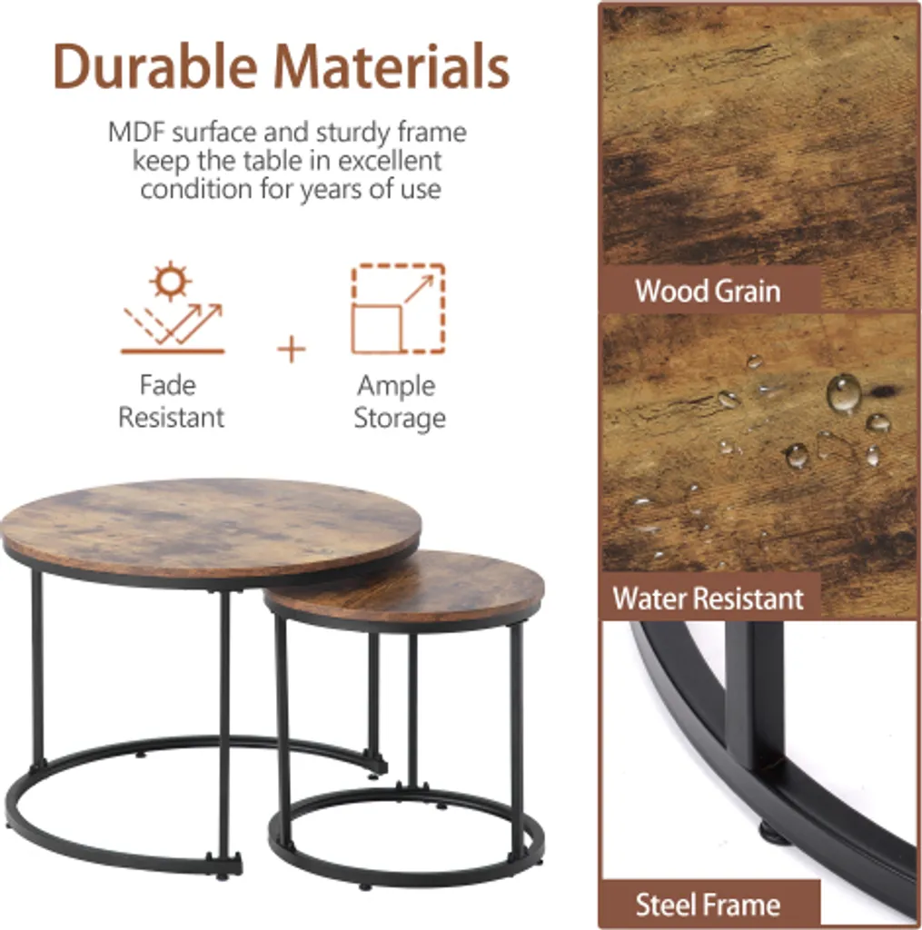 Table basse de salon modulable ronde marron pour petits espaces 2 pcs
