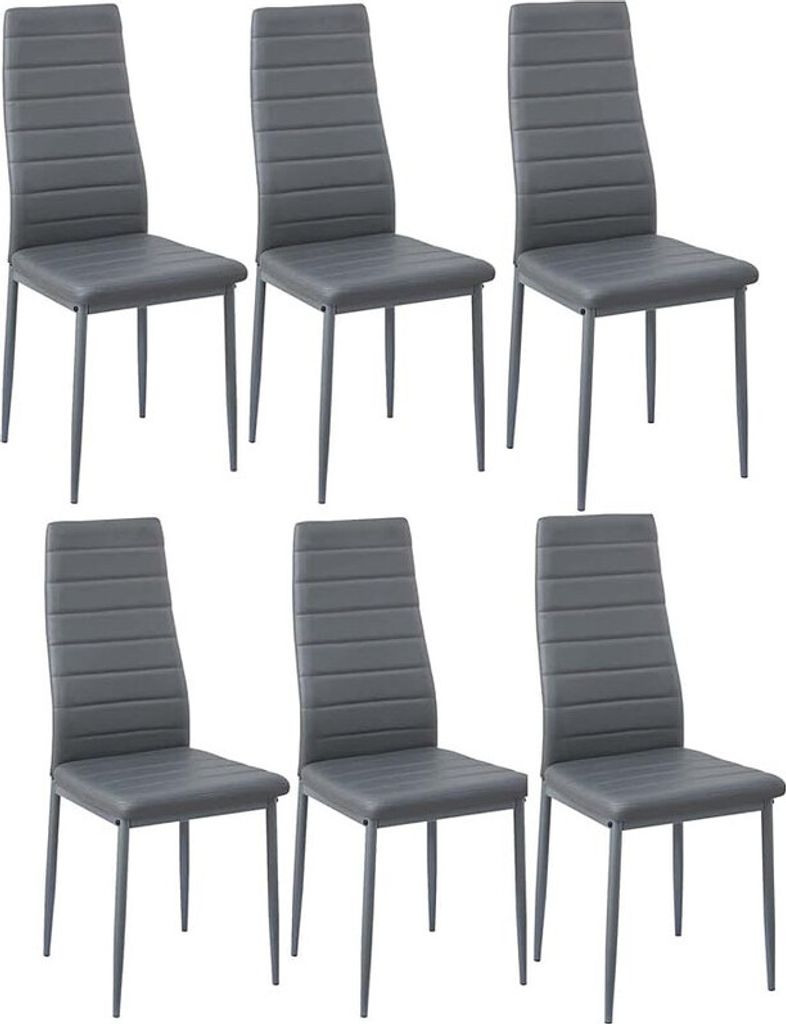 Six gray dining chairs are arranged in two rows of three against a white background.