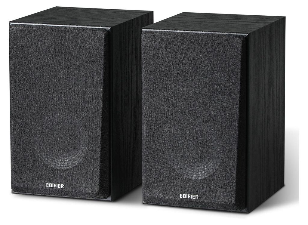 A pair of black Edifier computer speakers are shown against a white background.