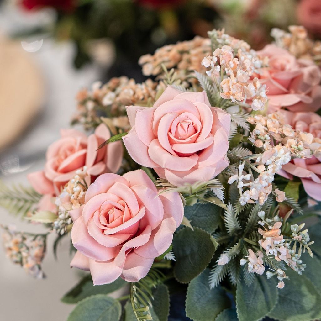 Kunstblumen Rosenstrauß 5 Rosen rosa mit Blattgrün 40,5 cm Hochzeit Deko