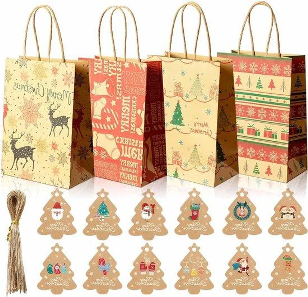12 Sacs Cadeaux de Noël avec Poignée - 4 Motifs Festifs 21x15x8 cm