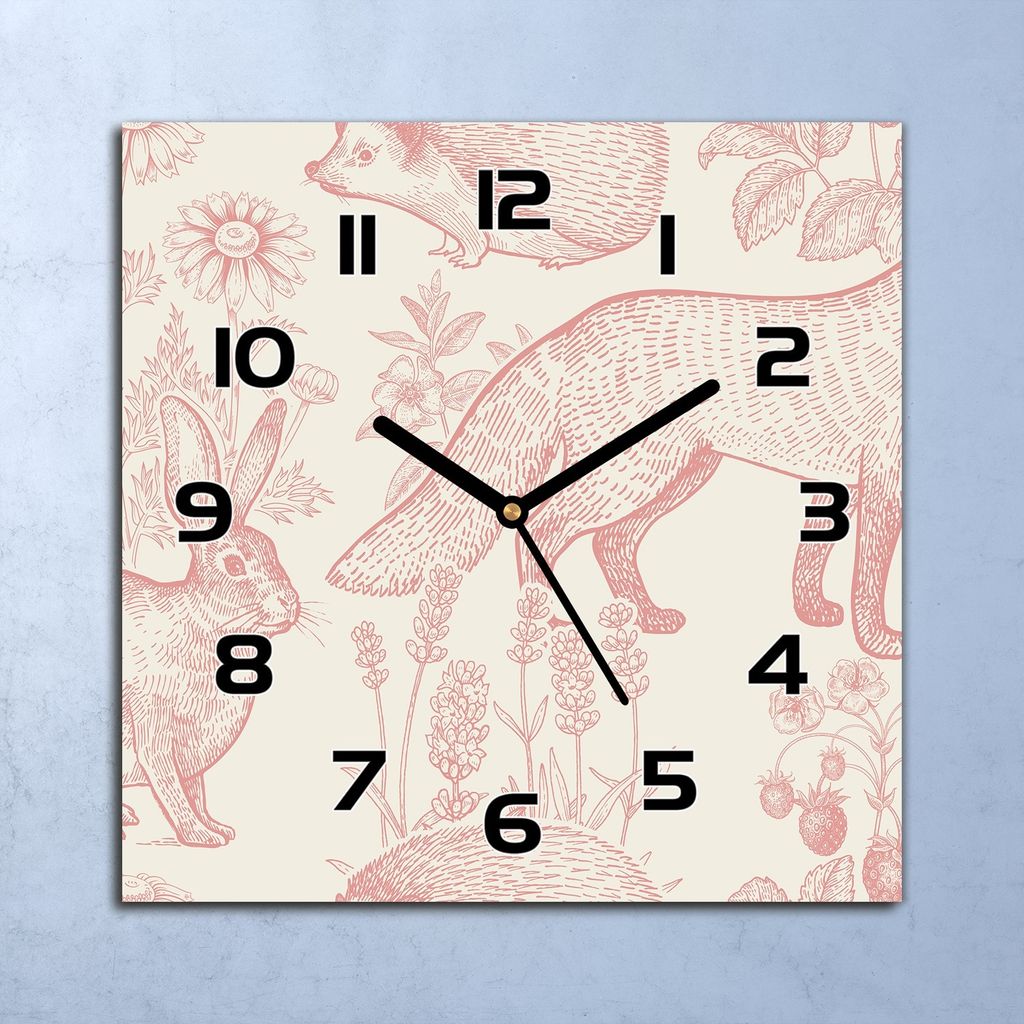 Wanduhr Echt-Glas-Küchenuhr Rosa Waldtiere beige Quarz Produktbild 