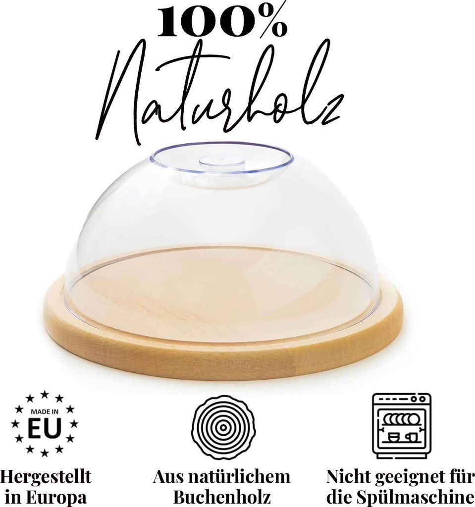 tuuli Käseglocke Käsebrett Käseplatte aus Holz Aufbewahrung von Käse Aufschnitt Kuchenbox