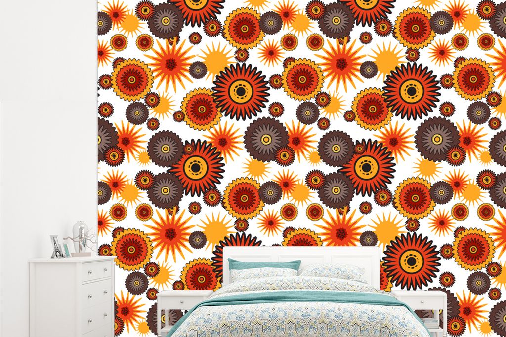 MuchoWow Fototapete für Wohnzimmer oder Schlafzimmer Wandtapete Vinyl Motivtapete Design - Retro - Orange - Blumen - 265x220 cm - Die Küche