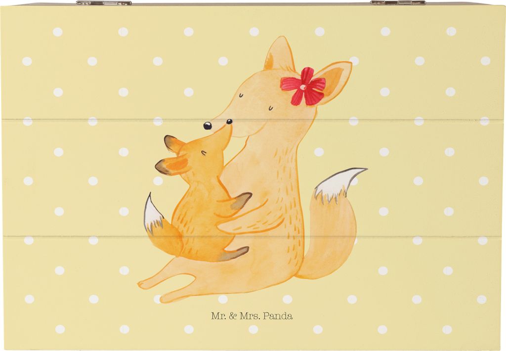 Mr. & Mrs. Panda Holzkiste Fuchs Mama 22 x 15 cm - Gelb Pastell - Geschenk, Mutter, Truhe, geschenkkiste, schmuckkiste, Schoß, Kiste mit Deckel, T...