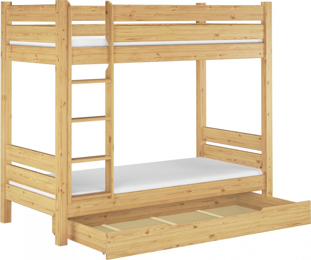 Etagenbett extra robust 90x200 Nische 100 Stockbett Zubehör wählbar Kiefer massiv V-60.16-09Rollrost. Matratzen und Bettkasten inkl.