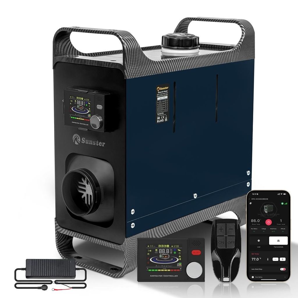 Sunster Standheizung Dieselheizung 8KW 12/24V 230V mit Start/Stopp & Belüftung – Leise Heizung mit Bluetooth für Auto, LKW, Wohnmobil, Boot & Zelt