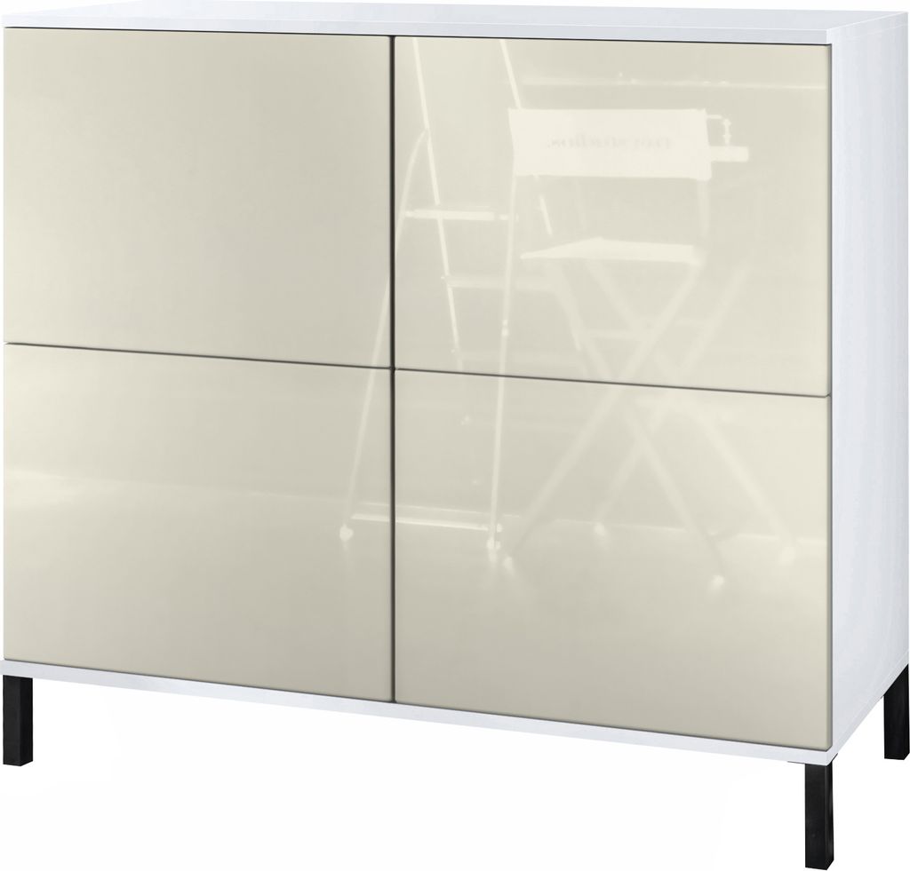 Vladon Kommode Rova V3, Moderner Küchenschrank mit 4 Push-to-Open Türen Weiß matt / Creme Hochglanz (92,5 x 83.5 x 35)