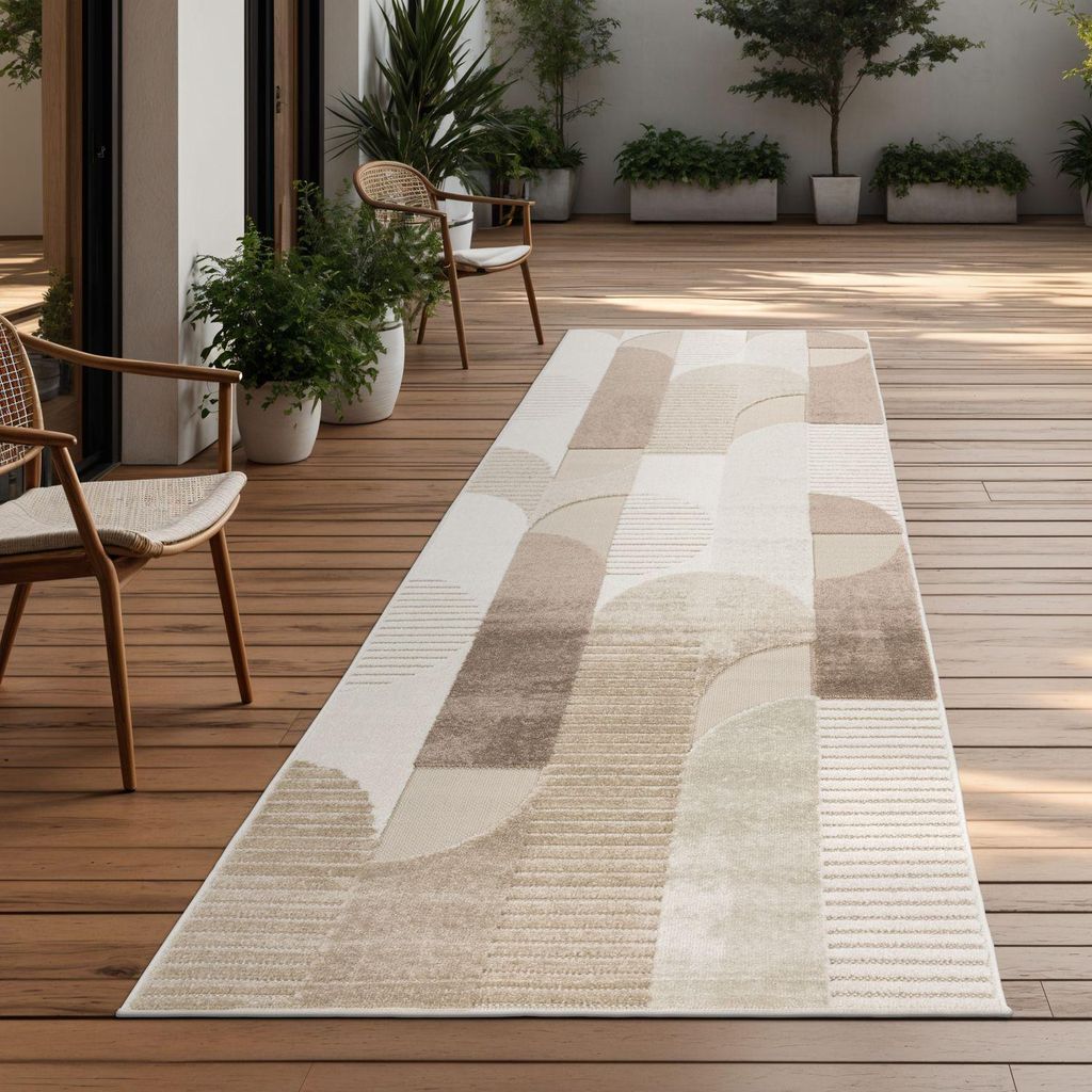 TT Home In-& Outdoorteppich Wetterfest Balkon Schlafzimmer Boho Skandi Motiv Unifarben Geometrische Optik Moderner Style Größe 80x250 cm