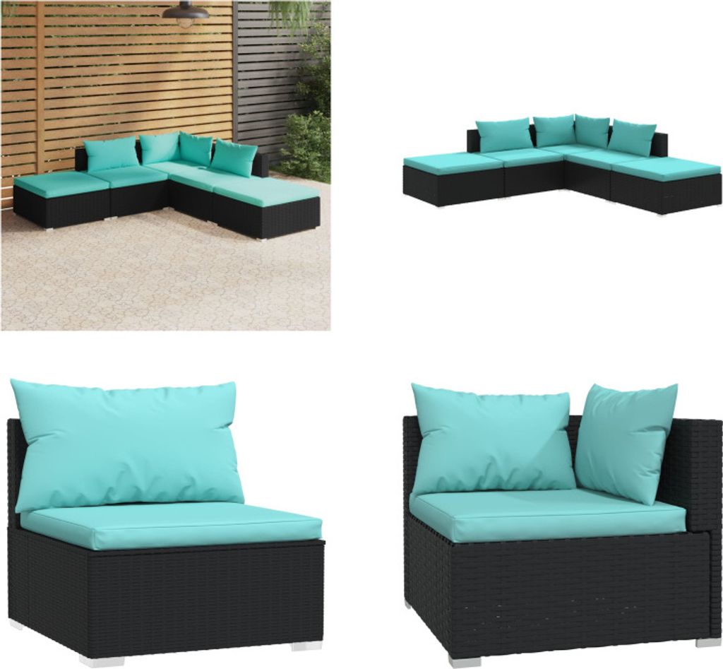 vidaXL 5 tlg. Garten Lounge Set mit Kissen Poly Rattan Schwarz - Garten-Lounge-Set - Garten-Lounge-Sets - Terrassen-Lounge-Set - Gartensofa-Set
