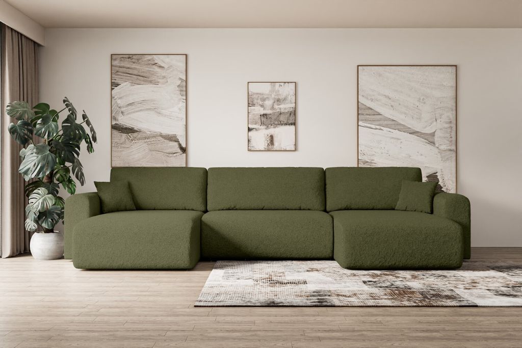 ALTDECOR Wohnlandschaft mit Schlaffunktion und Bettkasten ORRO-U 362x145x83cm Grün - universal, links/rechts angeordnet Ecksofa U-Form Schlafsofa