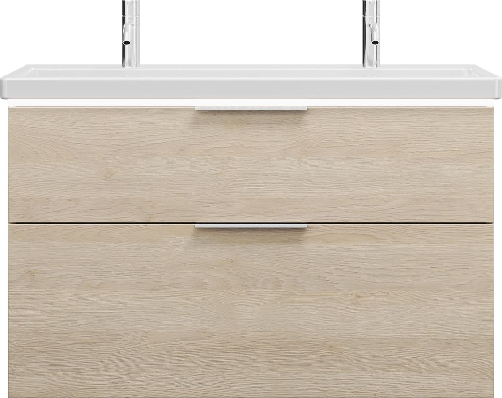 burgbad Eqio Keramik-Waschtisch mit 2 Armaturbohrungen, inklusive Waschtischunterschrank mit LED-Beleuchtung, Breite 1030mm, SEZB103F3180C0001G0146