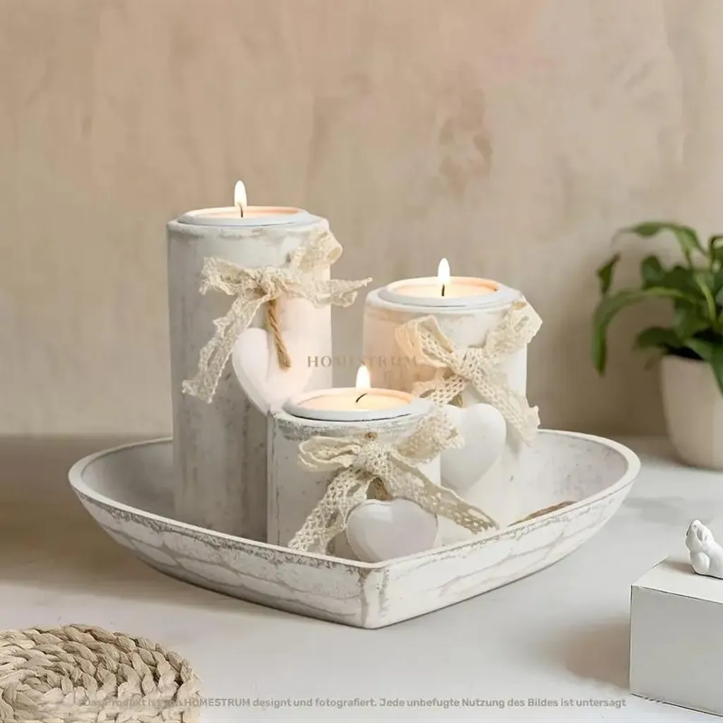 Porte-bougies en bois blanc et plateau cœur pour rangement bijoux DIY