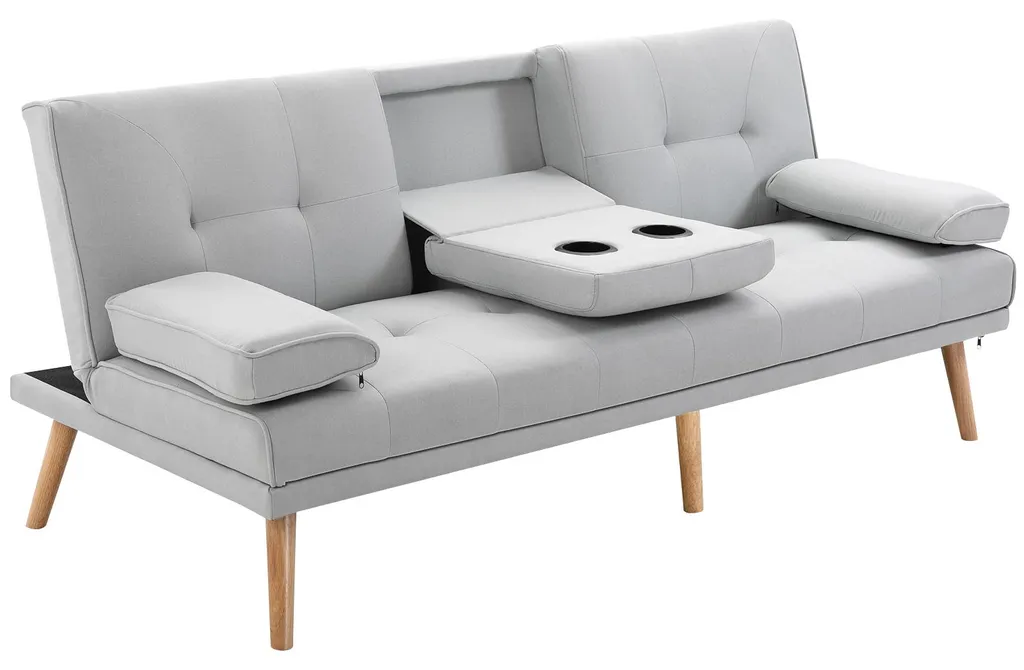 Canapé convertible gris clair en lin avec porte-gobelets et 2 coussins
