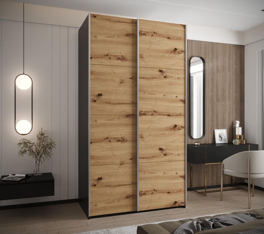 Zweitüriger Kleiderschrank SAMARA 1 – 140 cm, Schwarz/Eiche handwerklich/Silber