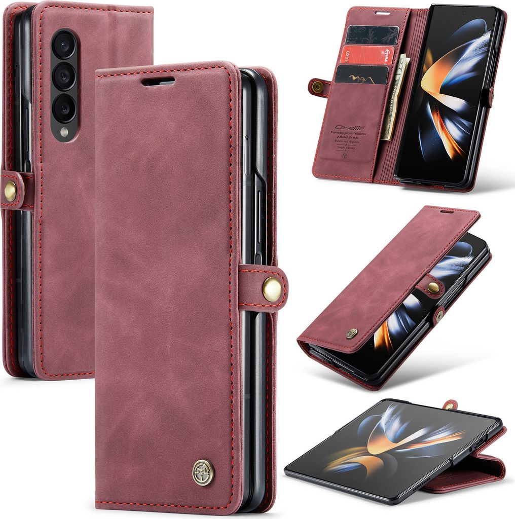 Galaxy Z Fold4 Hülle, Retro Kunstledertasche mit Standfunktion Schutzhülle für Samsung Galaxy Z Fold 4 5G Rot