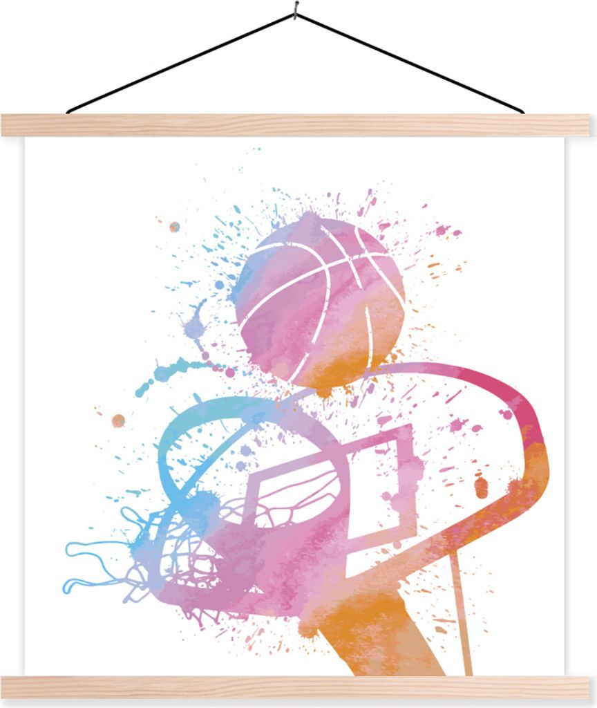 MuchoWow Textilposter Aquarellierte Illustration eines Basketballs mit Korb 60x60 cm mit holzfarbenen Rahmen - Wanddekoration