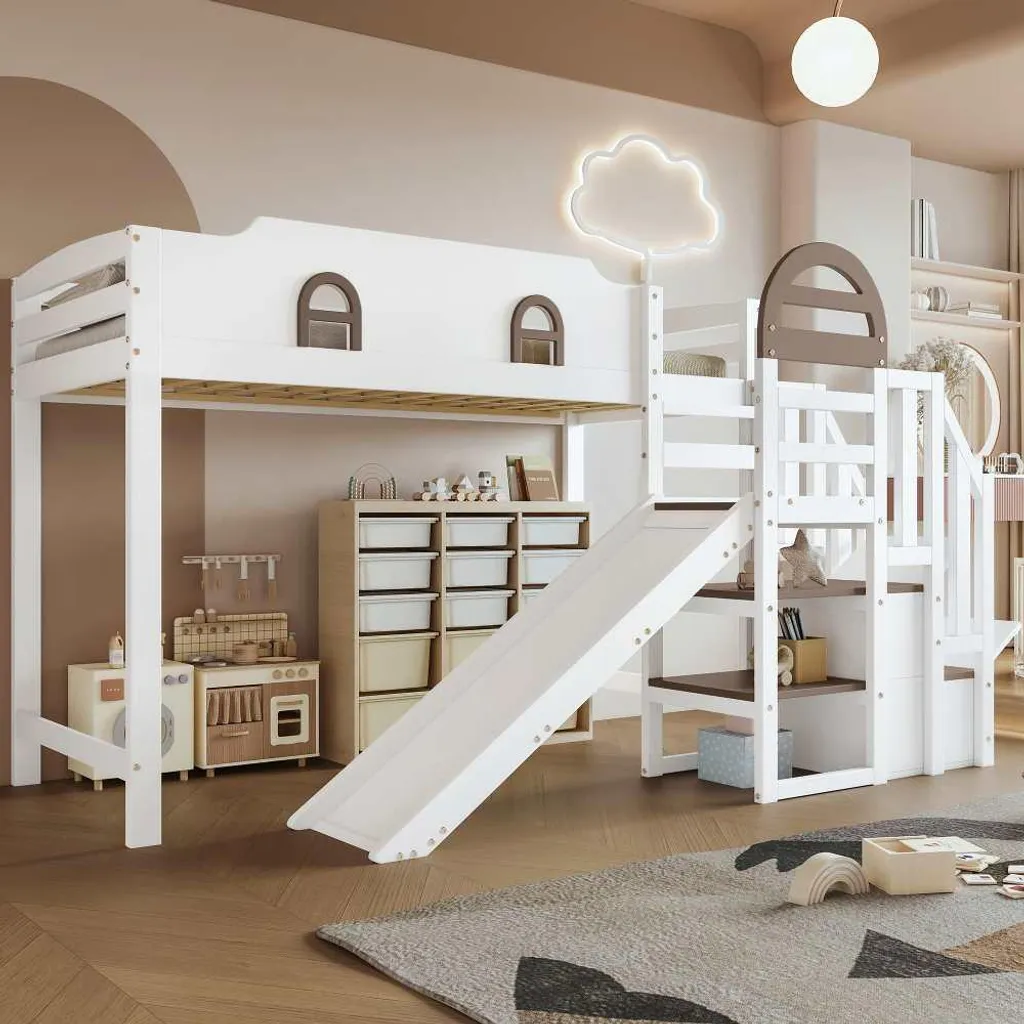 Lit cabane superposé avec fenêtre et toboggan en bois blanc 90x200cm