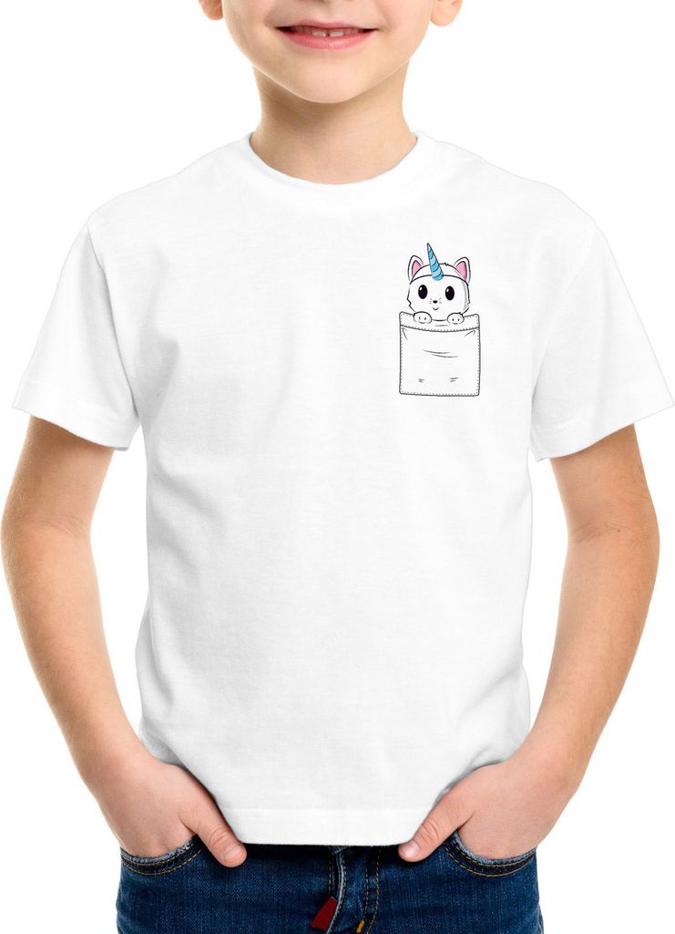 style3 Unicorn Pocket Cat Kinder T-Shirt Einhorn Katze Brusttasche