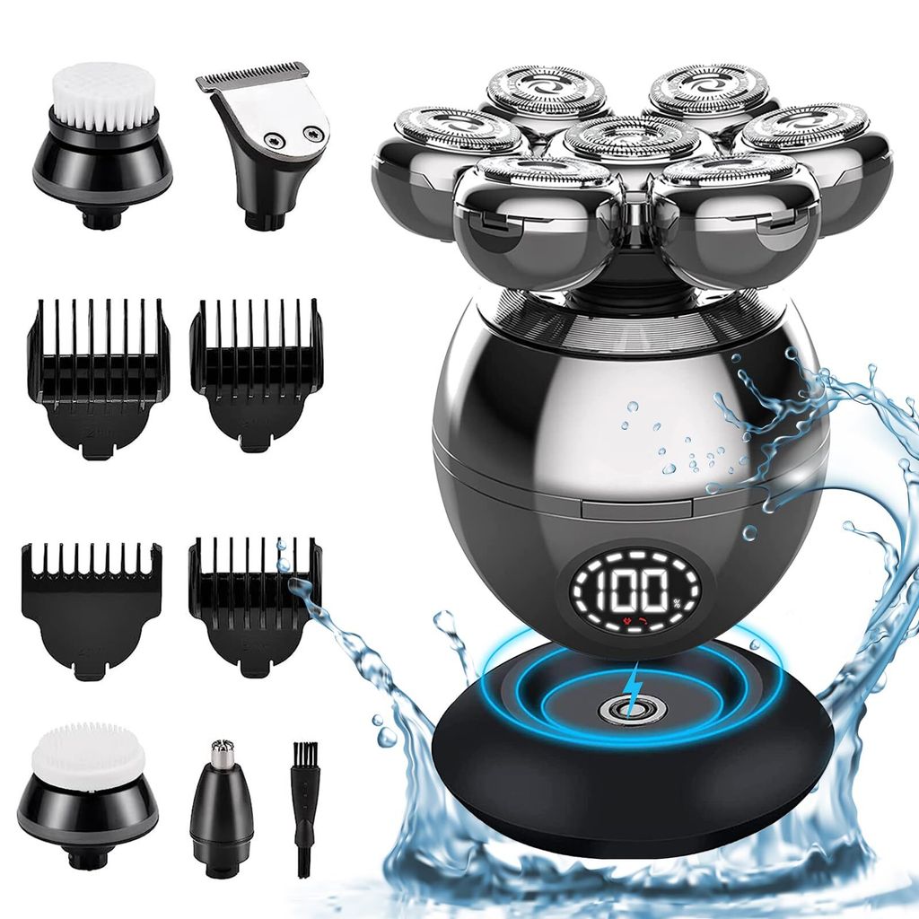 Elektrorasierer Herren, 5 in 1 Glatzen Rasierer Herren, Professioneller Elektrorasierer mit 7 Rotierende Scherköpfe und Trimmer Pflege Kit