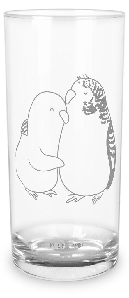 Mr. & Mrs. Panda Glas Wellensittich Liebe 400 ml - Transparent - Geschenk, Wasserglas, Cocktailglas, Umarmen, Wasserbecher, Freund, Umarmung, Tumbl...