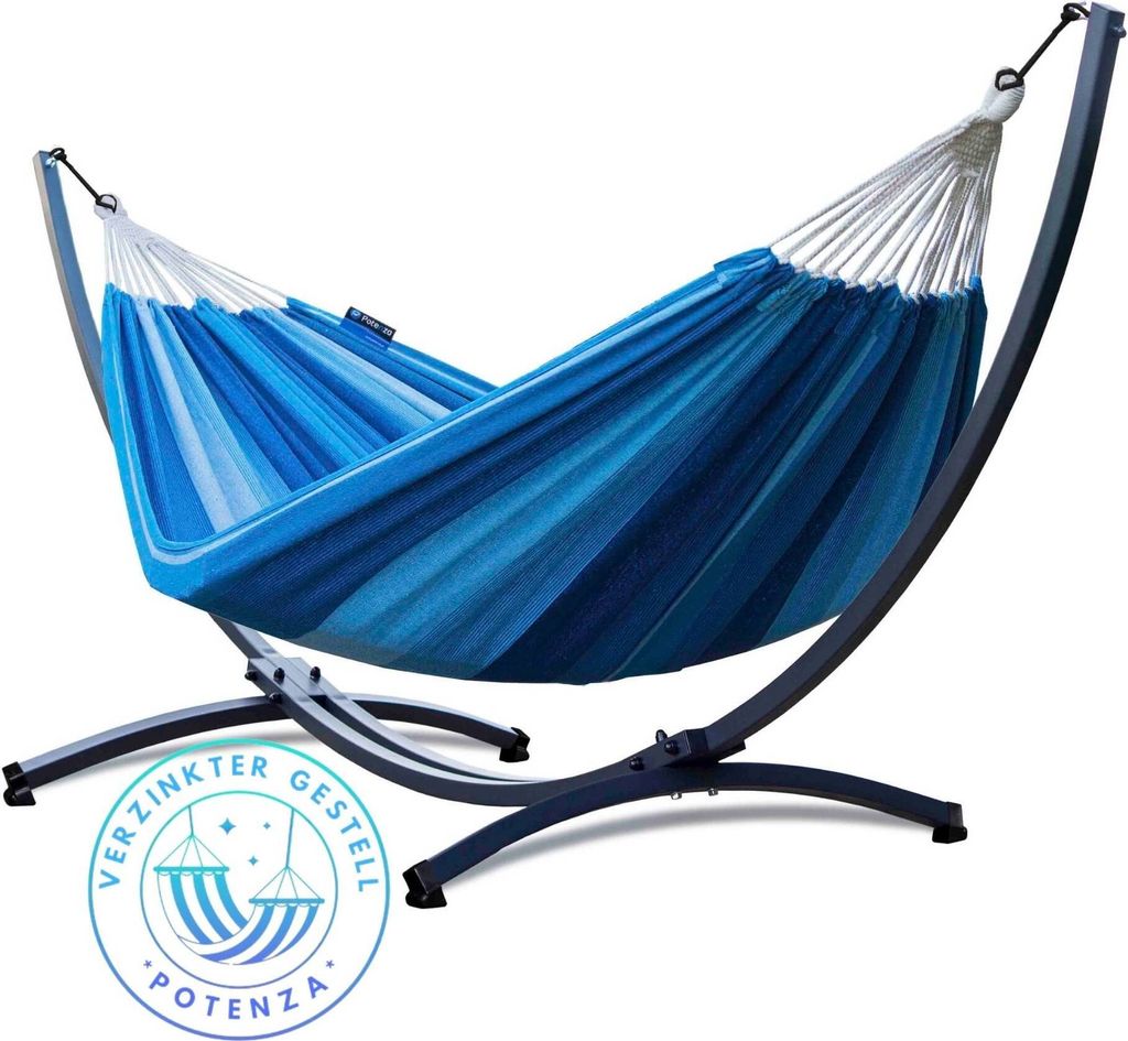 Potenza Outdoor Hängematte mit Verzinkter Gestell für 2 Personen I Baumwolle Doppelhängematte XXL 220x160, 200kg I Hängemattengestell 220kg, we...