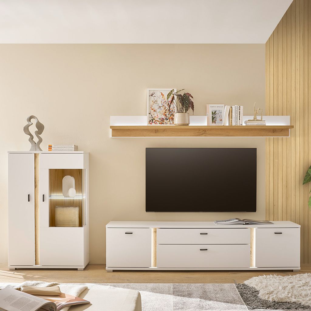 Wohnwand weiß mit Eiche LOVENO-61 Modern 3-teilig