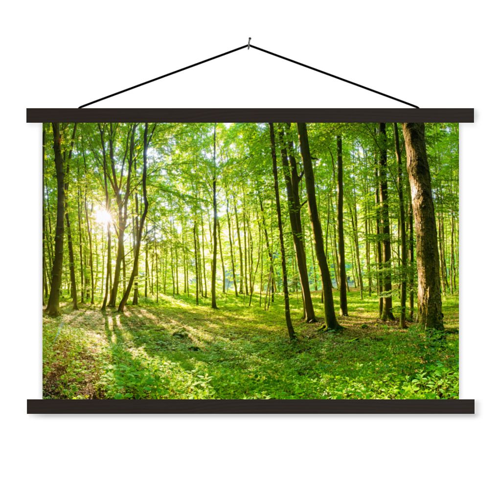 MuchoWow Textilposter Natur - Bäume - Wald - Grün - Sonnenlicht 90x60 cm mit schwarzem Rahmen - Aufhängungssatz