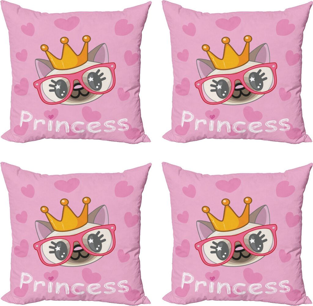 ABAKUHAUS Feminin Kissenbezug Set (4 Stück), Glückliche Prinzessin Cat, Moderner Doppelseitiger Digitaldruck, 40 cm x 40 cm, Gelb und Rosa