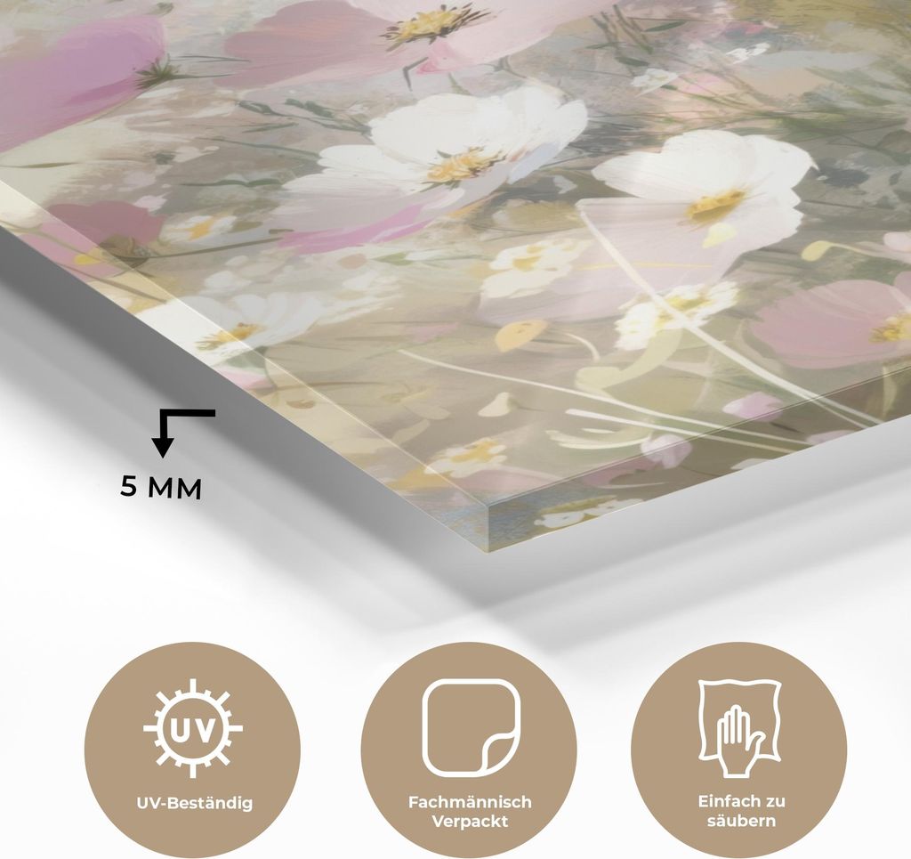 MuchoWow Glasbilder - Bilder auf Wandbild - Foto auf Glas Blumenfeld - Helle Farbtöne - Gemalt 60x80 cm Wanddekoration aus Glas - Acrylglasbild - ...