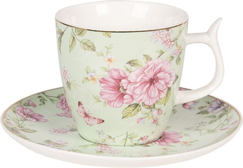 Clayre & Eef Tasse mit Untertasse 160 ml Grün Rosa Produktbild 