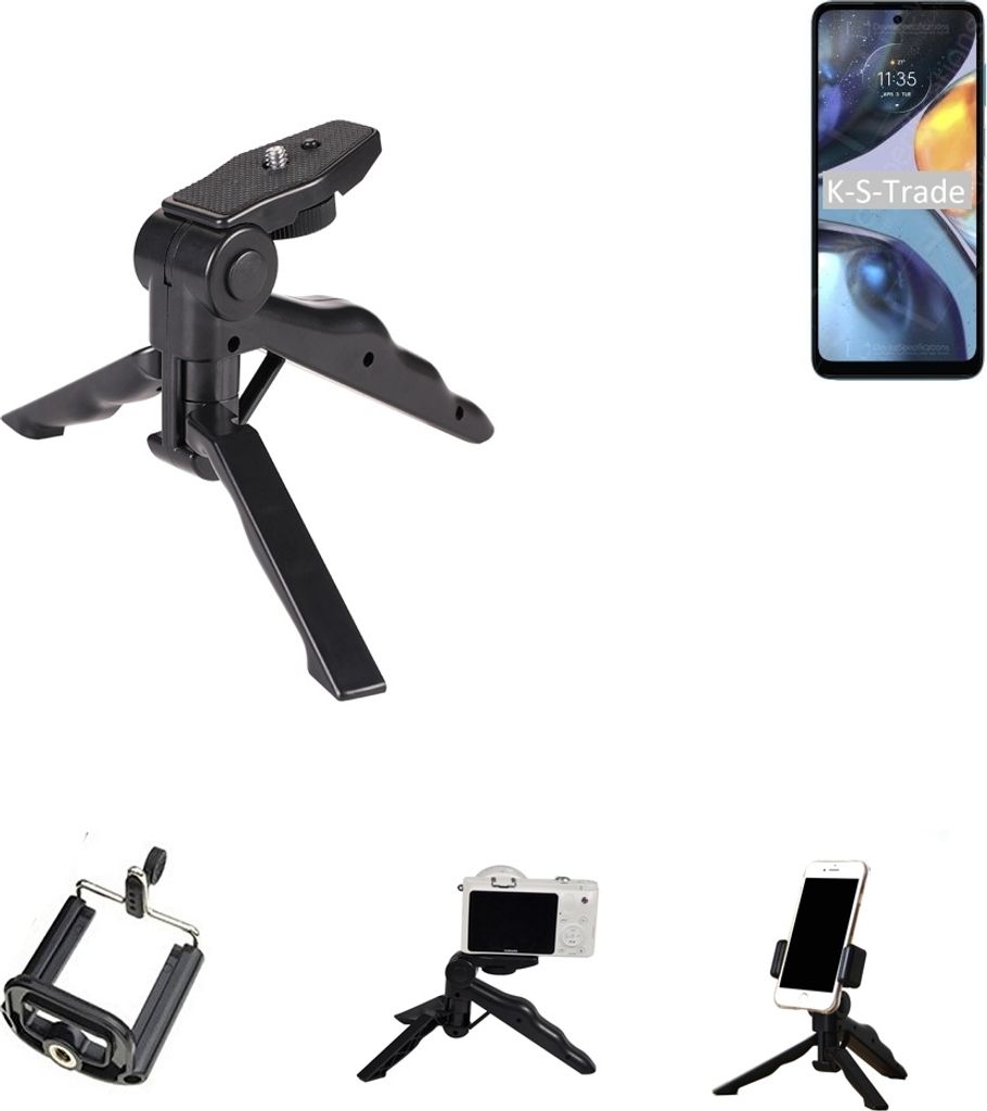 K-S-Trade Stativ Tisch-Ständer Dreibein Handy-Stativ Ständer kompatibel mit Motorola Moto G22 Mini-Stativ Smartphone Tripod Handy-Stativ aus Plastik