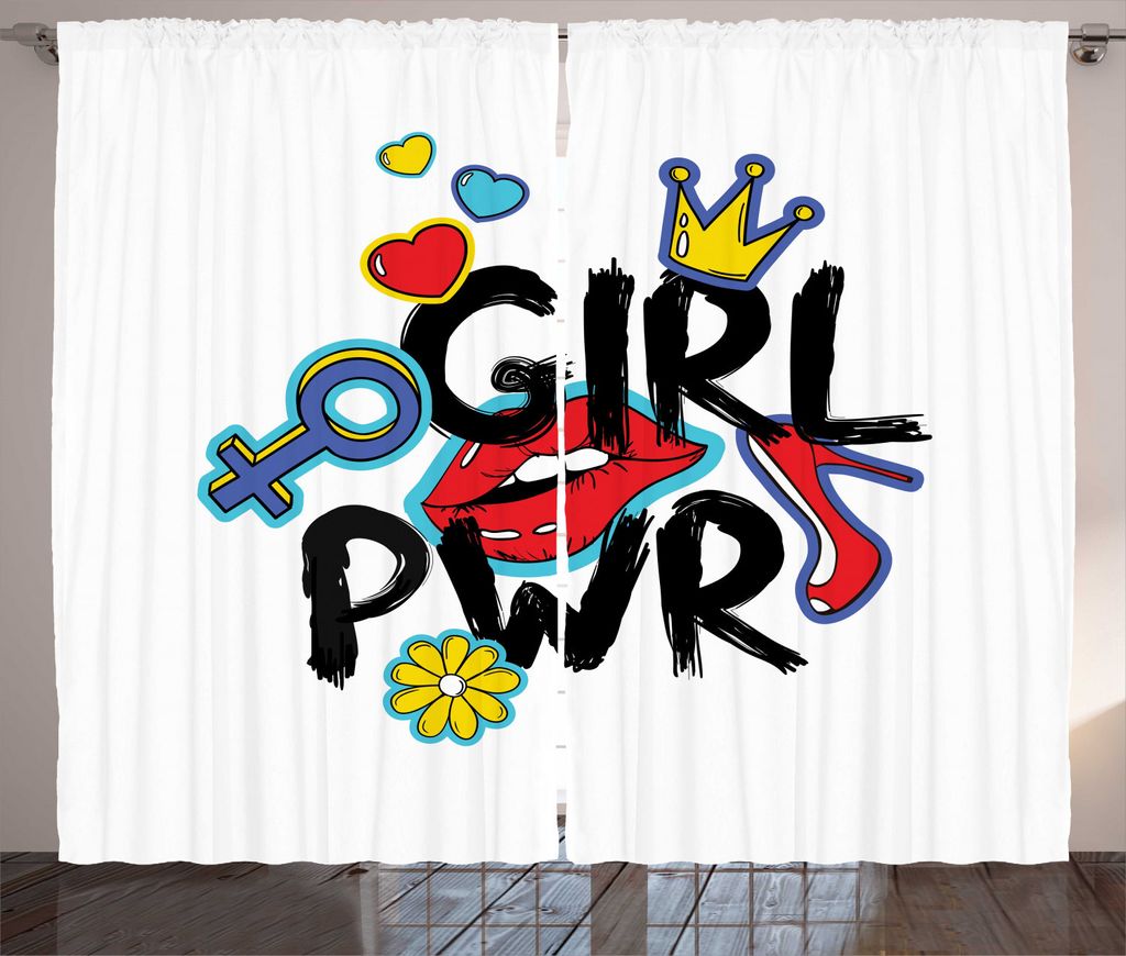 ABAKUHAUS Mädchen-Slogan Rustikaler Gardine, Girl Power mit einer Krone, Schlafzimmer Kräuselband Vorhang mit Schlaufen und Haken, 280 x 225 cm, ...