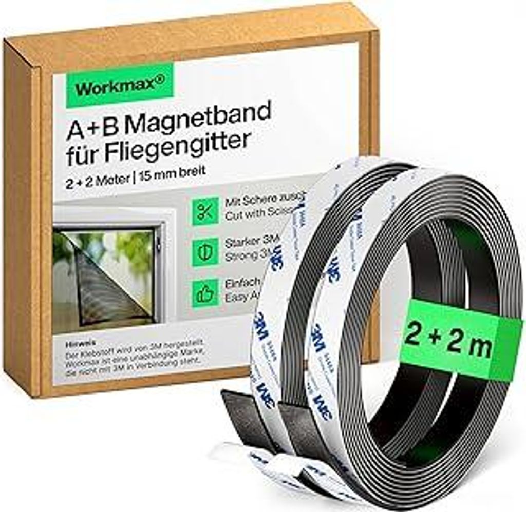 A+B Magnetband für Fliegengitter & Moskitonetze - Selbstklebende Magnetstreifen mit starker gegenseitiger Anziehung - Magnetklebeband mit Gegenst...