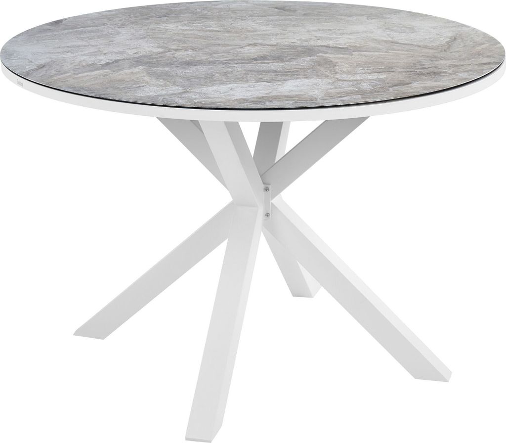 BELIANI Gartentisch Grau und Weiß Aluminium 120 cm für 4 Personen Keramikglasplatte Rund X-Beine Outdoor Terrasse Balkon Möbel Garten Aussta...