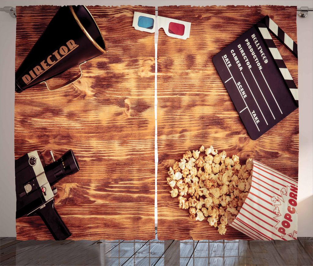 ABAKUHAUS Kino Rustikaler Vorhang, Retro Objekte, Wohnzimmer Universalband Gardinen mit Schlaufen und Haken, 280 x 225 cm, Mehrfarbig
