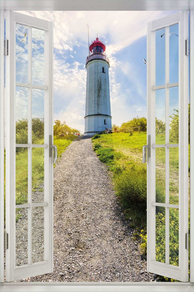 Wallario Poster mit Fenster-Illusion: Leuchtturm auf Hiddensee bei Sonnenschein, Größe: 100 x 150 cm